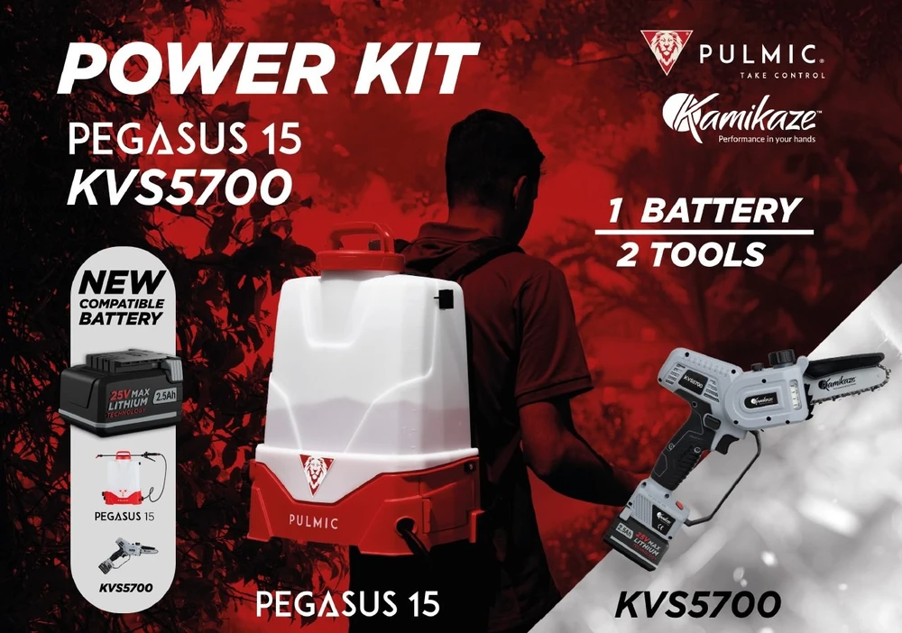 Rinkinys akumuliatorinis pjūklas Kamikaze KVS5700 + Akumuliatorinis purkštuvas Pulmic Pegasus 15