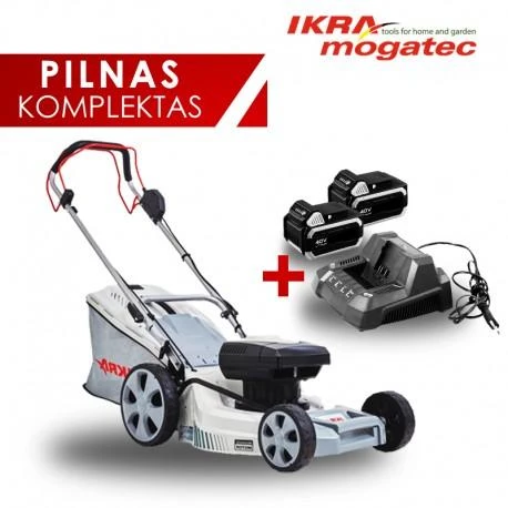Akumuliatorinė savaeigė vejapjovė 80 V (2 × 40 V) 2 × 2,5 Ah IKRA IAM 40-4625 S - KOMPLEKTAS