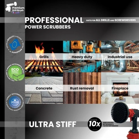Profesionalus valymo šepetys Premium Drill 2 in 1 - ypač kietas, juodas, 15 cm