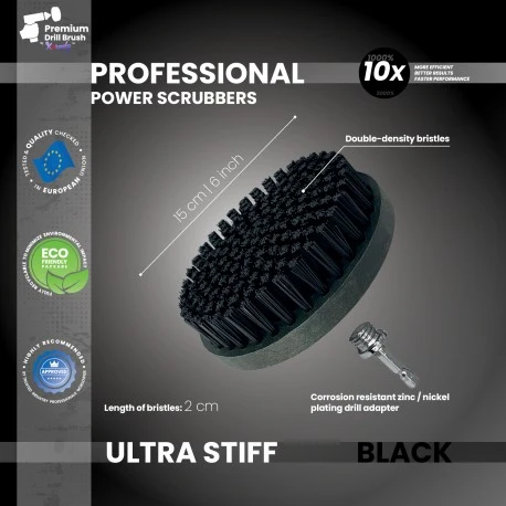 Profesionalus valymo šepetys Premium Drill 2 in 1 - ypač kietas, juodas, 15 cm