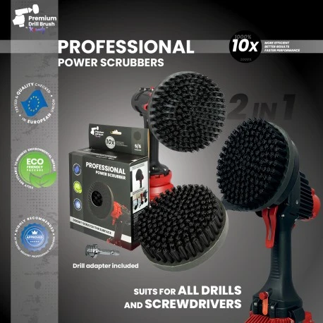 Profesionalus valymo šepetys Premium Drill 2 in 1 - ypač kietas, juodas, 15 cm
