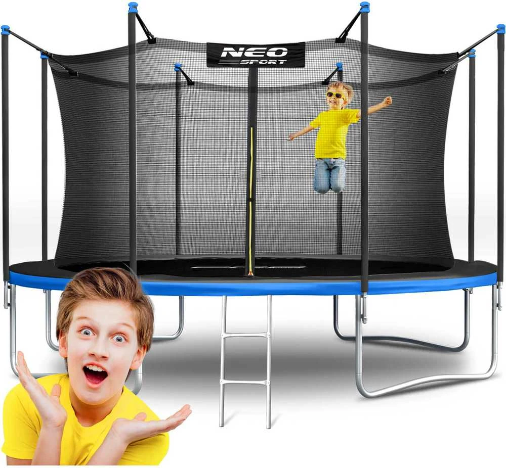 Neo-Sport batutas 374 cm su kopėčiomis ir šokinėjančiu vaiku