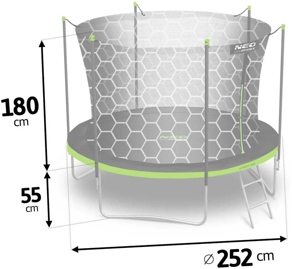 252 cm batutas su apsauginiu tinklu ir matmenų schema