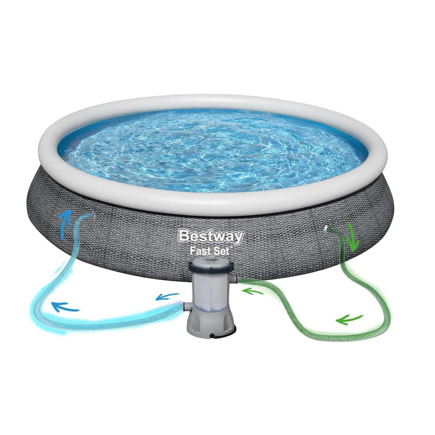 Bestway® Fast Set™ antžeminio baseino komplektas su filtravimo siurbliu Ø 457 x 84 cm, rotango išvaizdos (skalūno pilka), apvalus