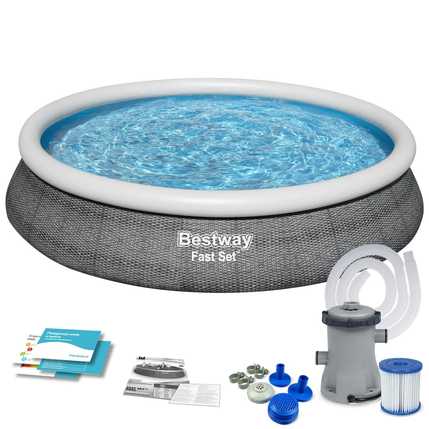 Bestway® Fast Set™ antžeminio baseino komplektas su filtravimo siurbliu Ø 457 x 84 cm, rotango išvaizdos (skalūno pilka), apvalus