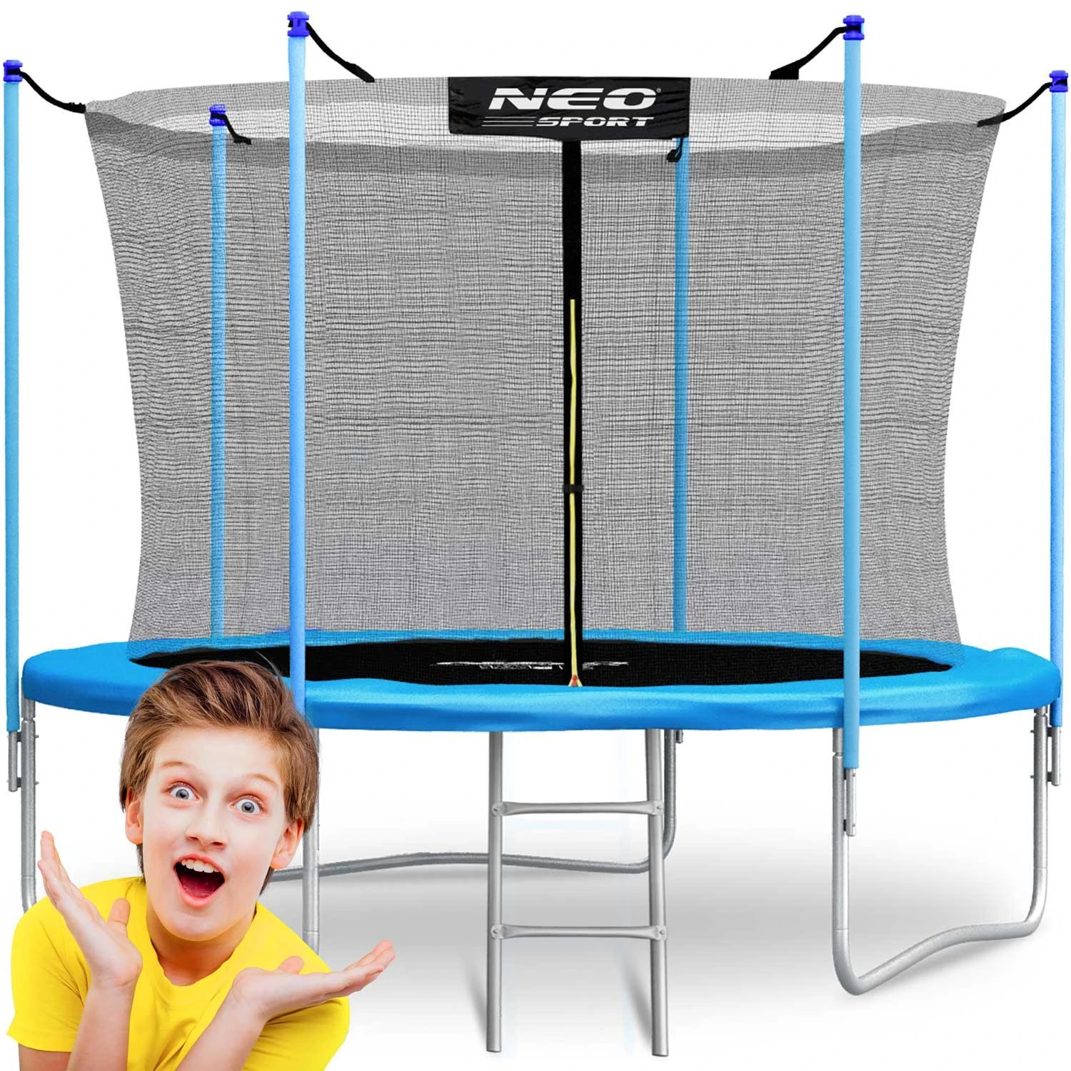 Neo-Sport 252 cm batutas su apsauginiu tinklu ir kopėčiomis