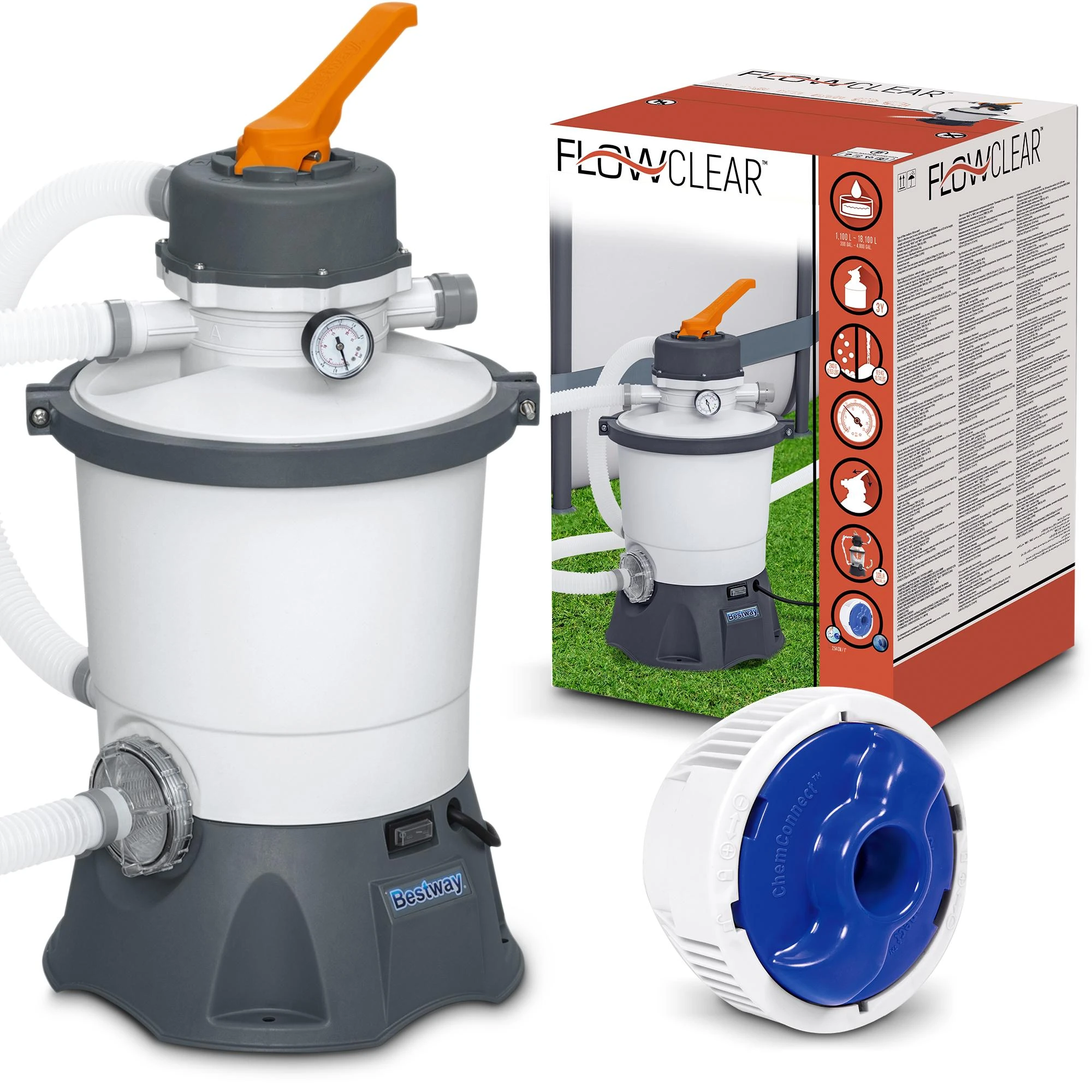 Bestway Baseino smėlio filtro siurblys, 3596 l/h srautas, 1100-16000 l baseinams, su 25 kg smėlio, 32mm žarnos jungtis