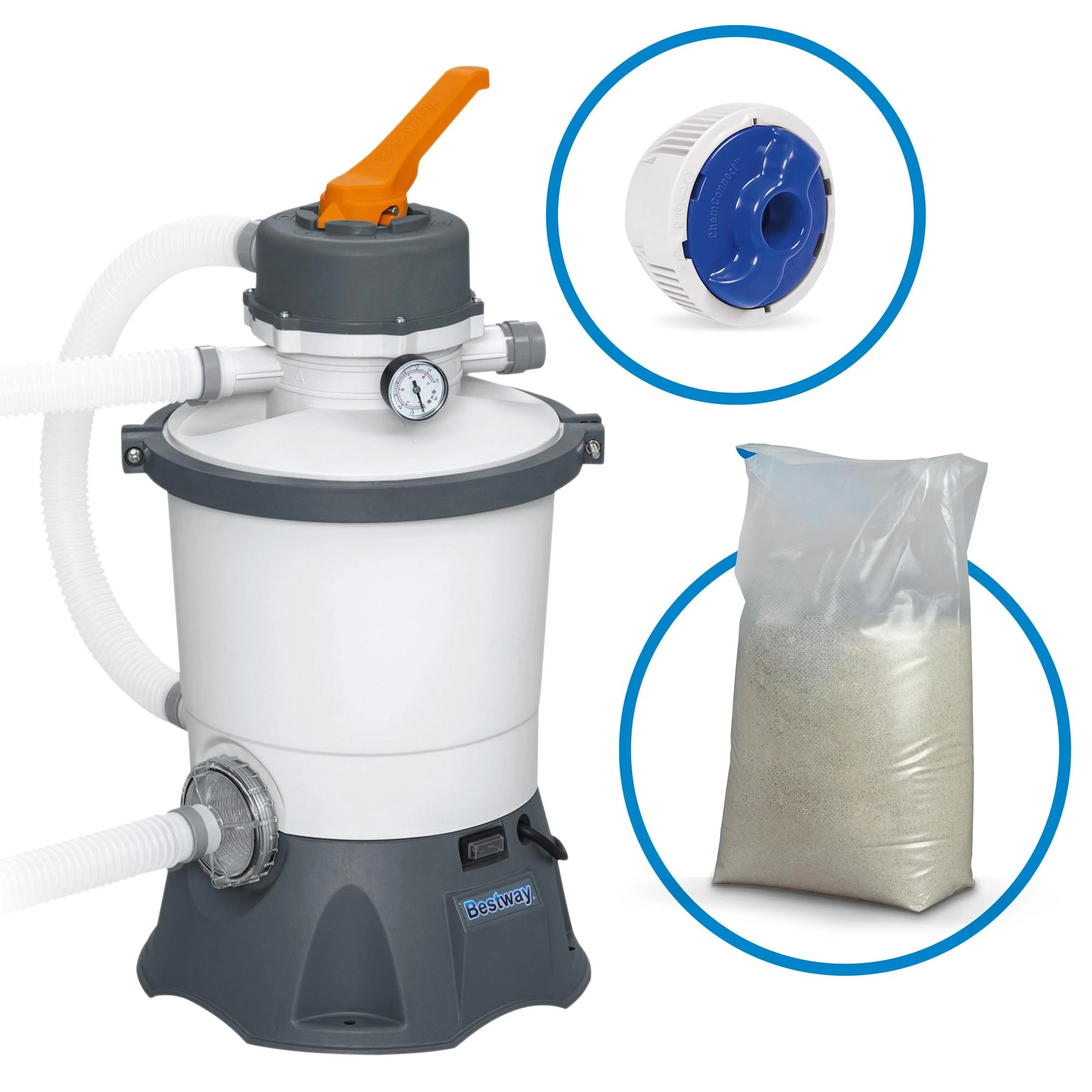Bestway Baseino smėlio filtro siurblys, 3596 l/h srautas, 1100-16000 l baseinams, su 25 kg smėlio, 32mm žarnos jungtis
