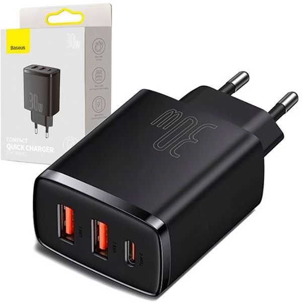 Baseus Sieninis įkroviklis 30W 2xUSB + USB-C QC3.0 PD3.0, juodas