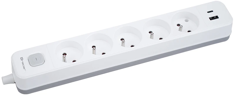 Przedłużacz TRACER Grid 5S Mobile Ready (5 gniazd,wyłącznik, 1x USB A+ 1x Type C, max 20W, baltas&pilkas)