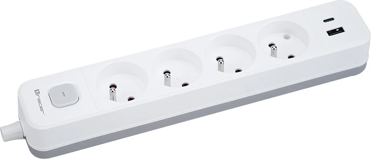 Przedłużacz TRACER Grid 4S Mobile Ready 1,5m (4 gniazda,wyłącznik, 1x USB A+ 1x Type C, max 20W, baltas&pilkas)