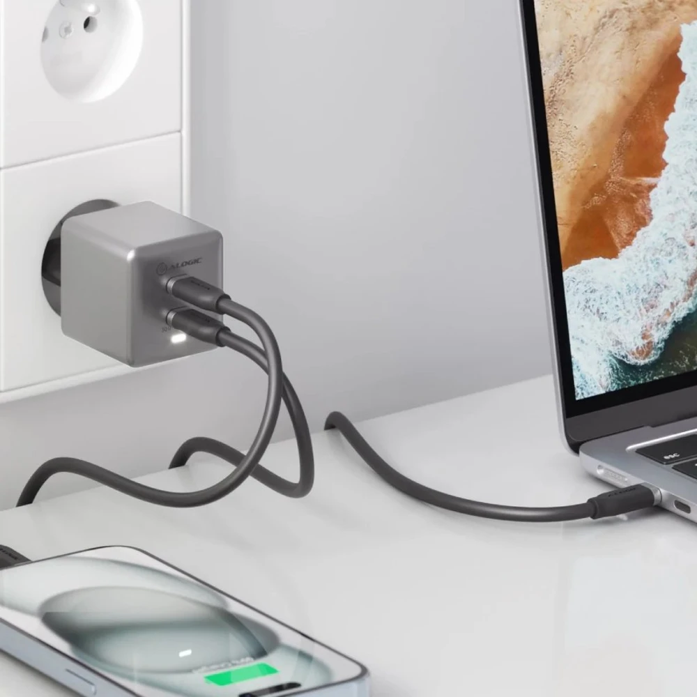 ALOGIC Dual USB-C Rapid Power 45W Cube GaN Charger - Space pilka