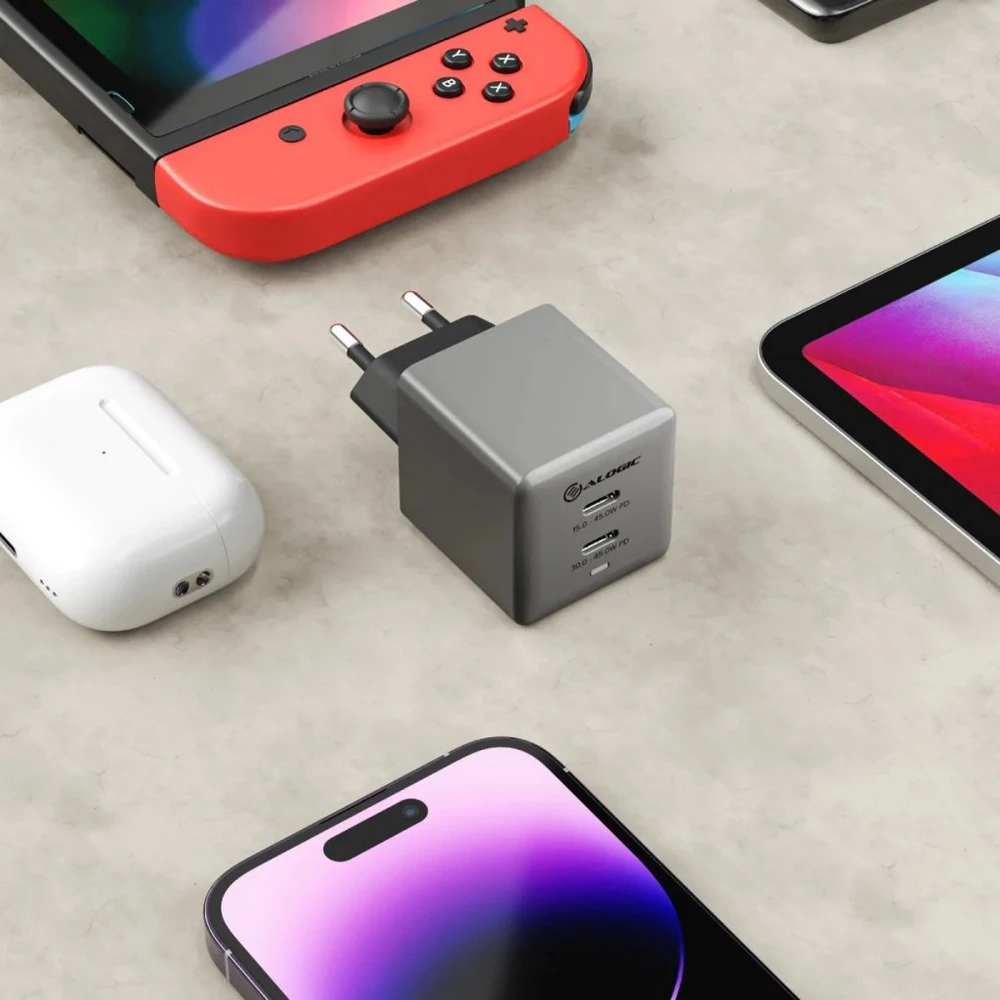 ALOGIC Dual USB-C Rapid Power 45W Cube GaN Charger - Space pilka
