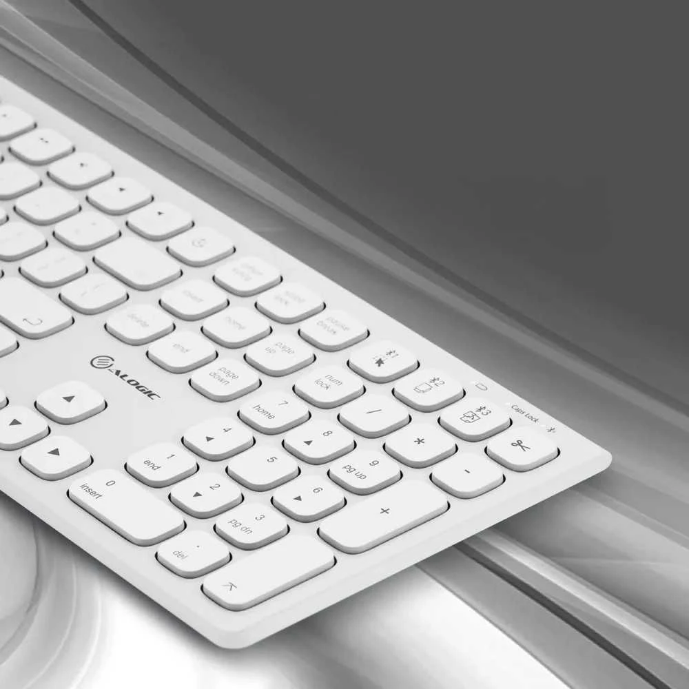 ALOGIC Echelon USB-C įkraunama „Bluetooth“ pilno dydžio klaviatūra su šiaurės šalių išdėstymu – balta