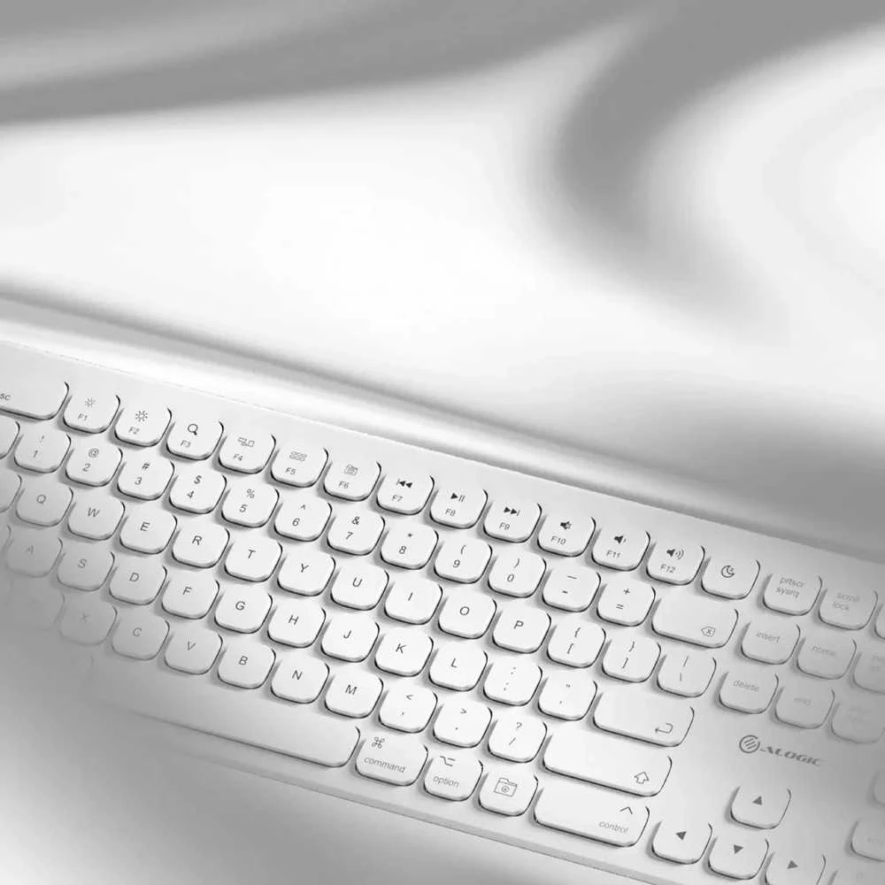 ALOGIC Echelon USB-C įkraunama „Bluetooth“ pilno dydžio klaviatūra su šiaurės šalių išdėstymu – balta
