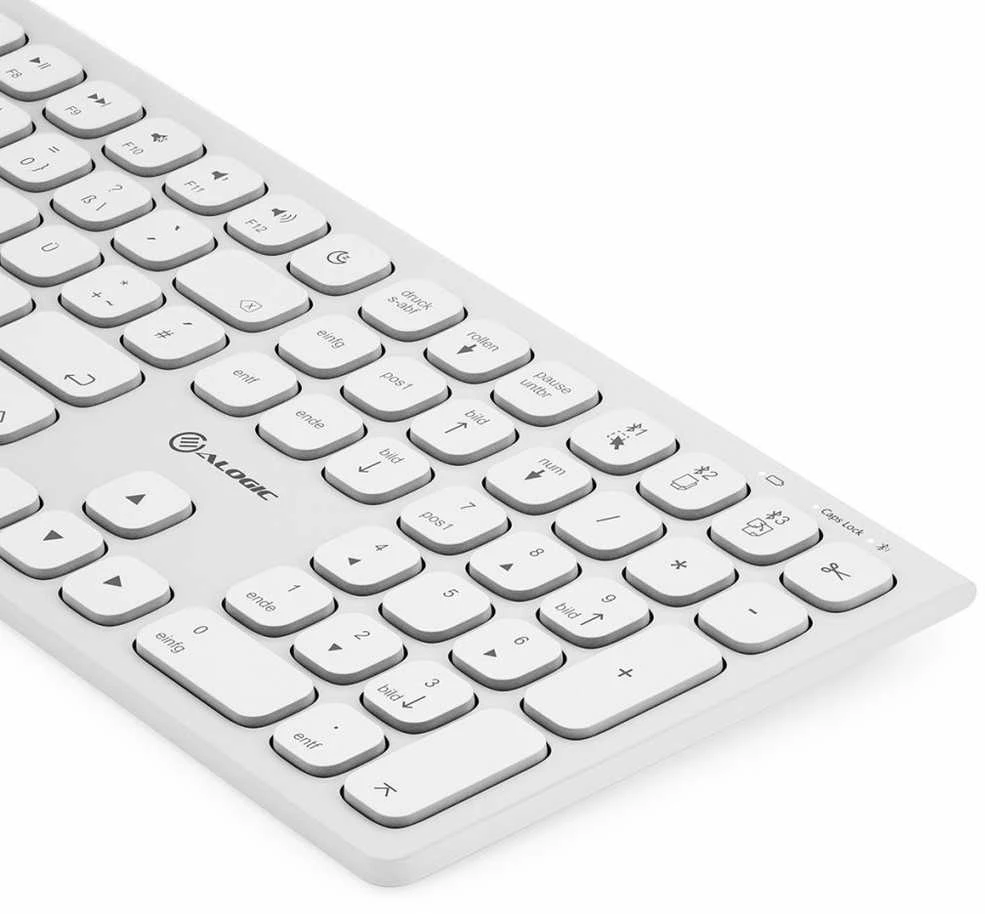 ALOGIC Echelon USB-C įkraunama „Bluetooth“ pilno dydžio klaviatūra su šiaurės šalių išdėstymu – balta