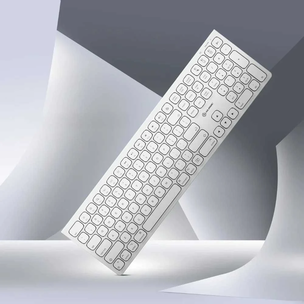 ALOGIC Echelon USB-C įkraunama „Bluetooth“ pilno dydžio klaviatūra su šiaurės šalių išdėstymu – balta