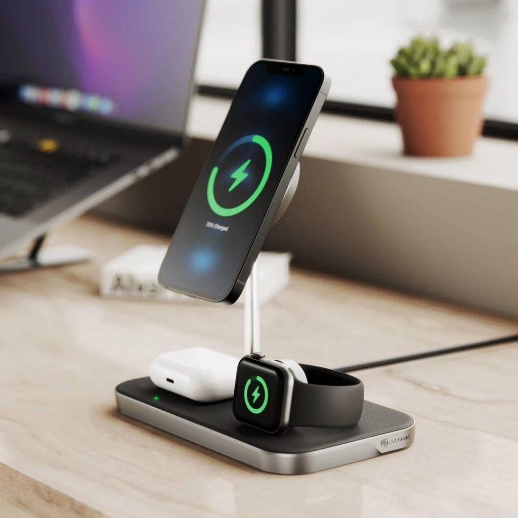 „Alogic MagSpeed 3-in-1“ belaidė įkrovimo stotelė – kosminė pilka