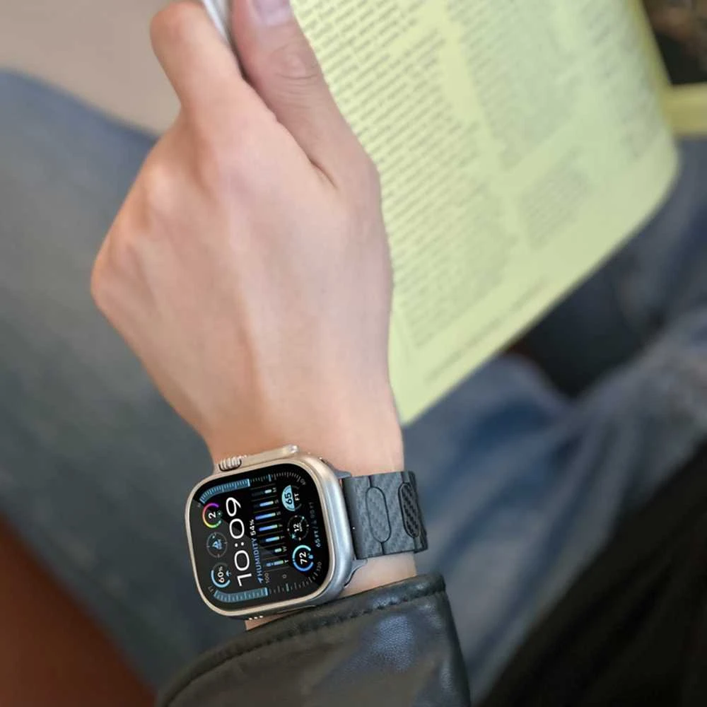 „Just Mobile“ anglies pluošto laikrodžio dirželis, skirtas „Apple Watch 42/44/45/49 mm“ – elegantiškas ir patvarus su moderniu magnetiniu užsegimu