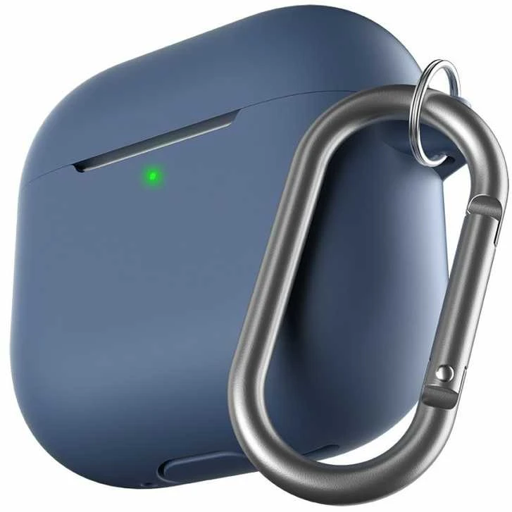 AirPods 4 mėlynas silikoninis dėklas su metaliniu karabinu