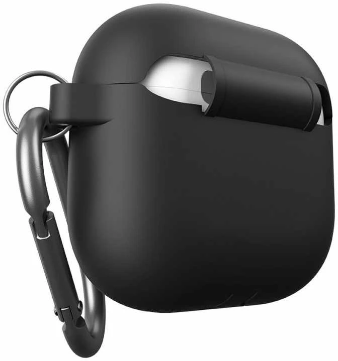 Juodas AirPods 4 silikoninis dėklas su karabinu