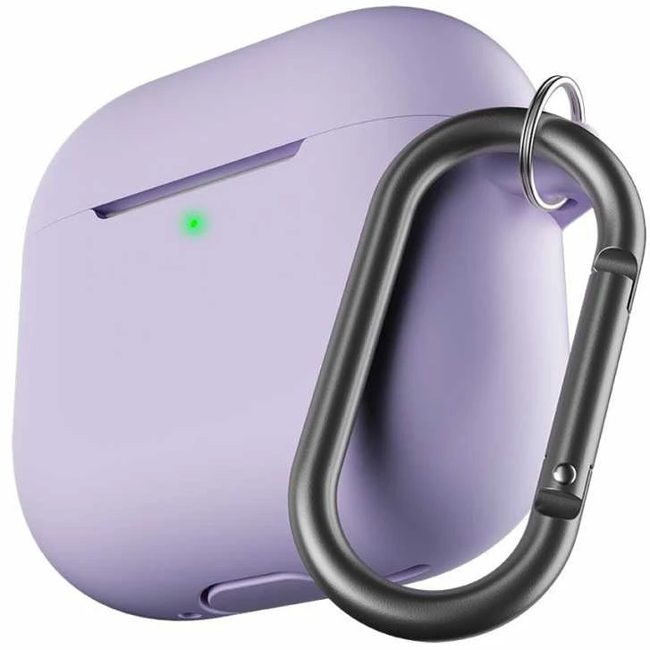 Levandos spalvos silikoninis AirPods 4 dėklas su karabinu