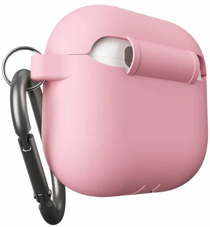 Šviesiai rožinis AirPods 4 silikoninis dėklas su karabinu