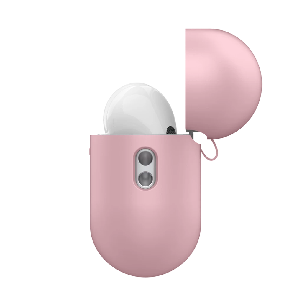 Rausvas AirPods Pro 2 silikoninis dėklas atverstu dangteliu