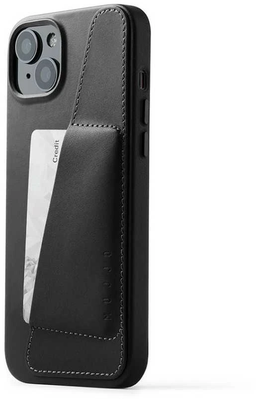 „Mujjo“ odinis piniginės formos dėklas, skirtas „iPhone 15 Plus“ ir „14 Plus“ – Juodas