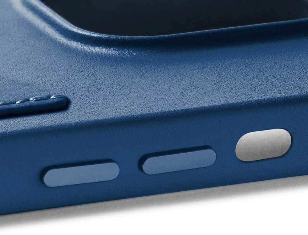 „Mujjo“ odinis piniginės formos dėklas, skirtas „iPhone 15 Plus“ ir „14 Plus“ – „Monaco“ mėlynas