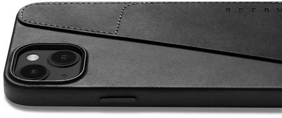 „Mujjo“ odinis piniginės formos dėklas, skirtas „iPhone 15 Plus“ ir „14 Plus“ – Juodas