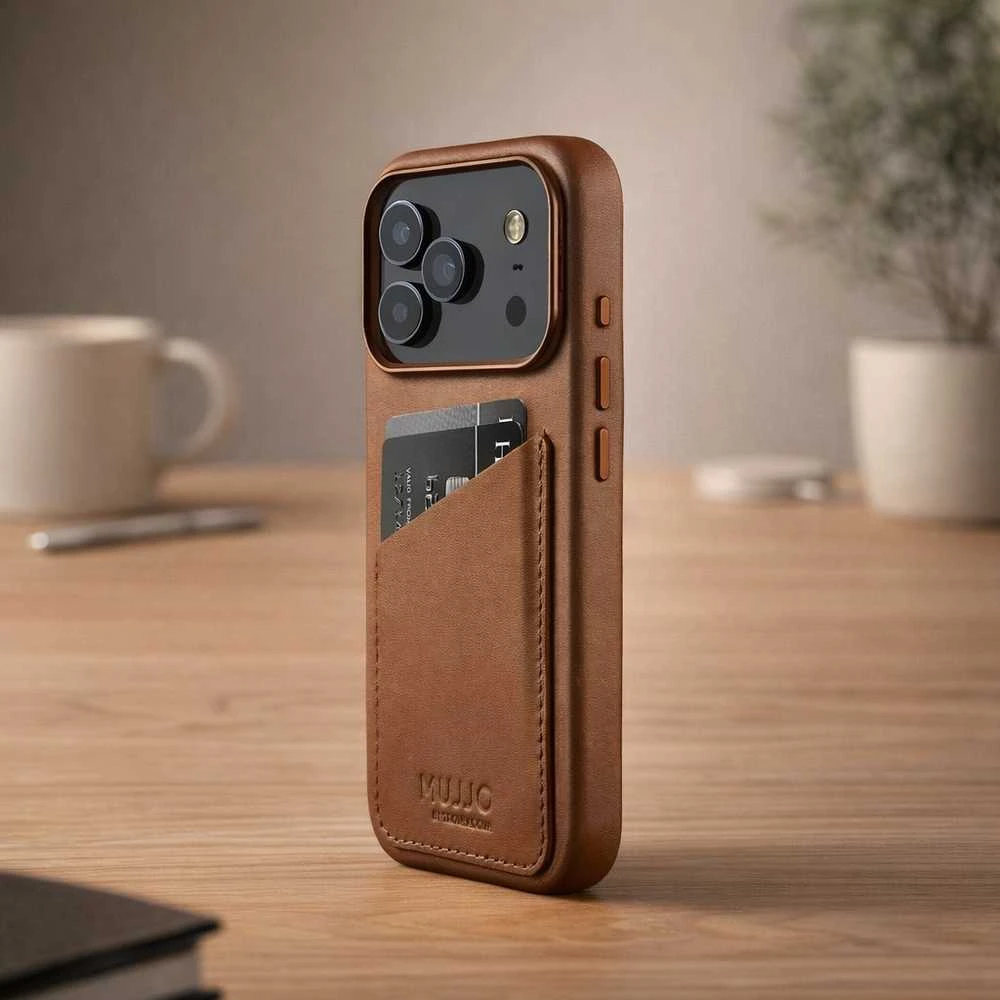 Mujjo Wallet Odinis dėklas - etui skórzane do iPhone 17 Pro kompatybilne su MagSafe (tan)