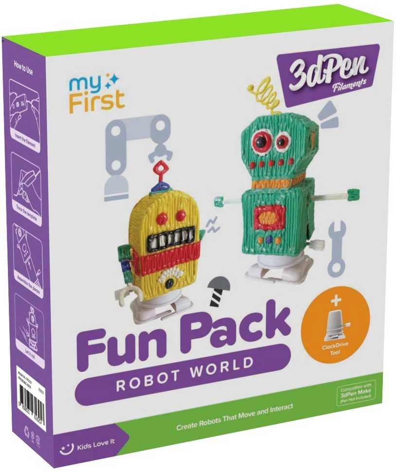 „myFirst 3dPen Make Filaments Fun Pack Robot World“ – kūrybinis rinkinys „3dPen“ rašikliui: 5 trafaretai, 17 PCL gijų (34 m), ištraukiamas automobilio modulis, termoplastinė plėvelė