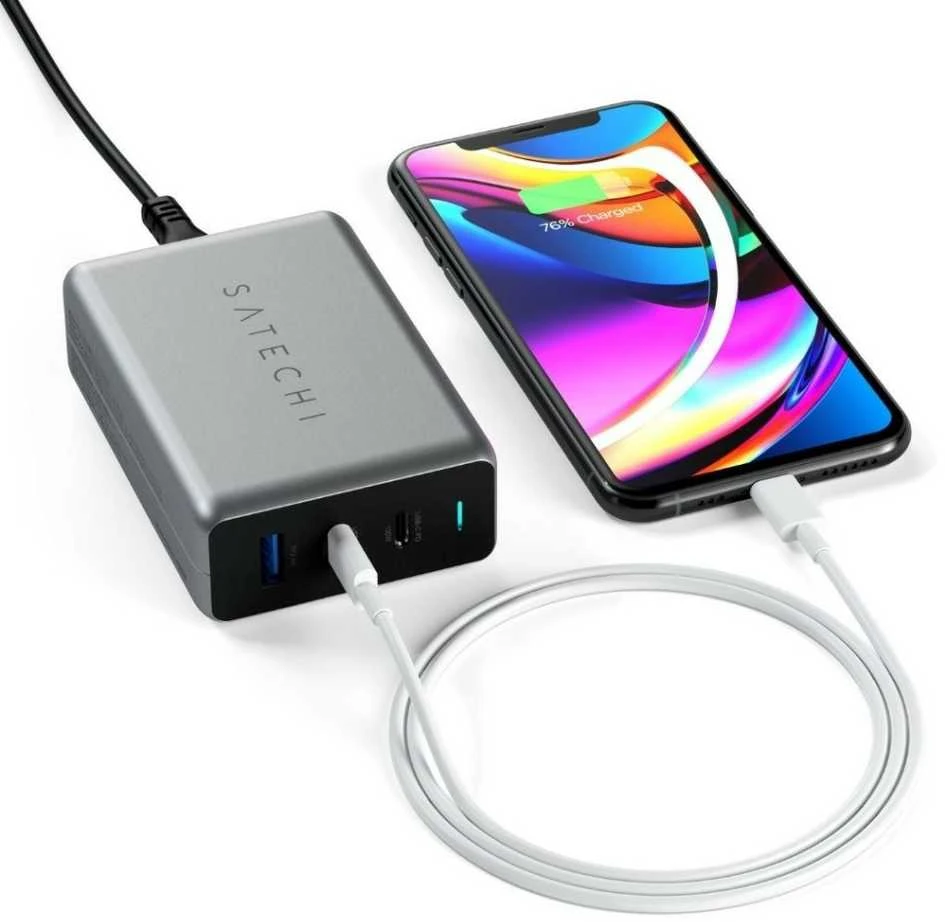 SATECHI 100W USB-C PD Compact Charger- EU ( x2 Type-C / x1 Type-A) (space pilka)