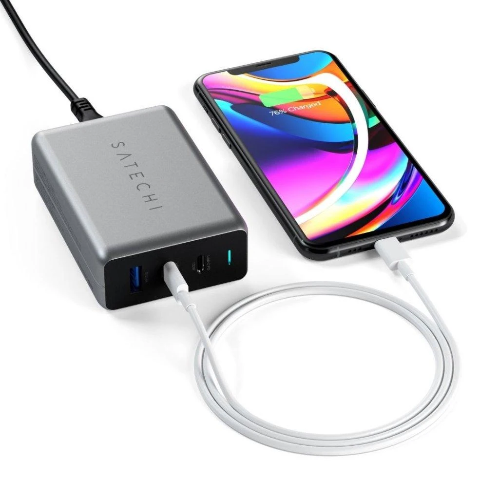 SATECHI 100W USB-C PD Compact Charger- EU ( x2 Type-C / x1 Type-A) (space pilka)
