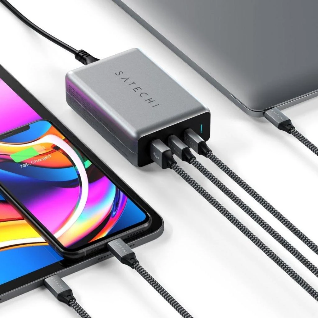 SATECHI 100W USB-C PD Compact Charger- EU ( x2 Type-C / x1 Type-A) (space pilka)