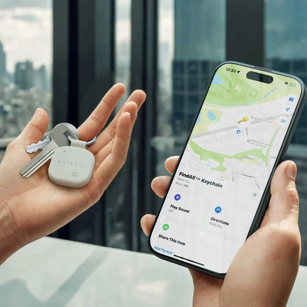 „Satechi Pakabutis“, „Satechi FindAll“ raktų pakabuko ieškiklis, suderinamas su „Apple Find My“ (smėlio spalvos)