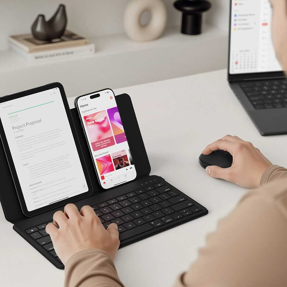 „Satechi OntheGo?“ „Bluetooth“ klaviatūra su stovu, „Nordic išdėstymas“ – juoda