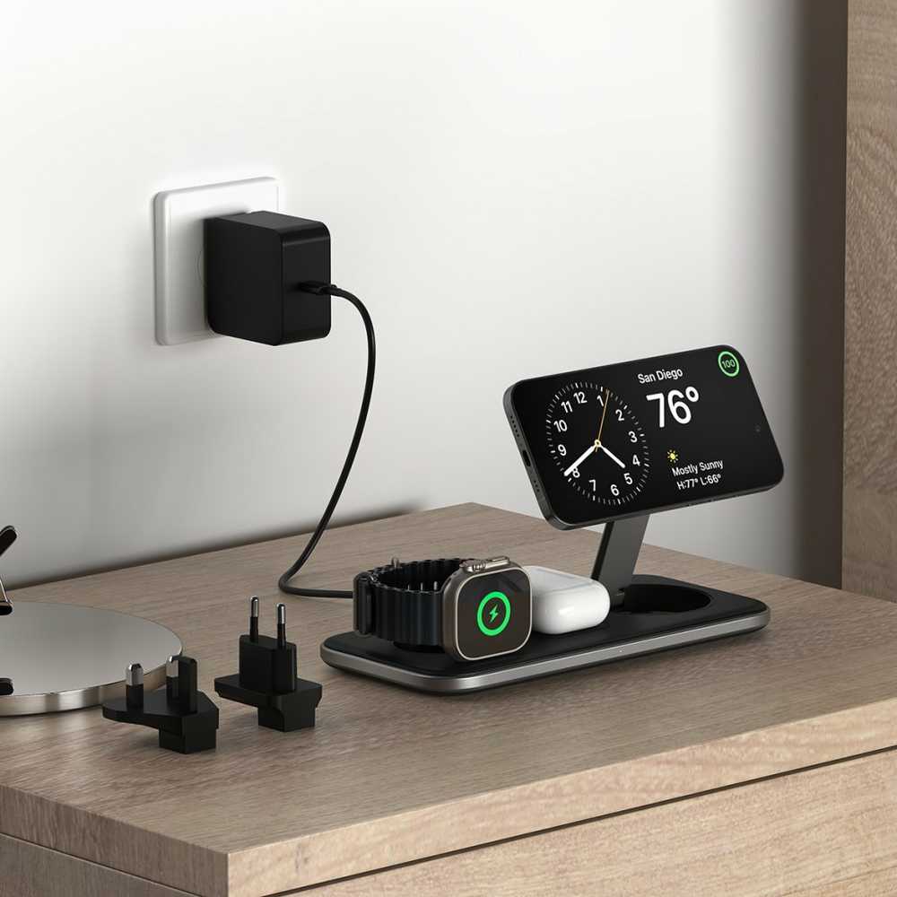 SATECHI Qi2 Trio Wireless Charging Pad - su A,C,G tipo kištukais