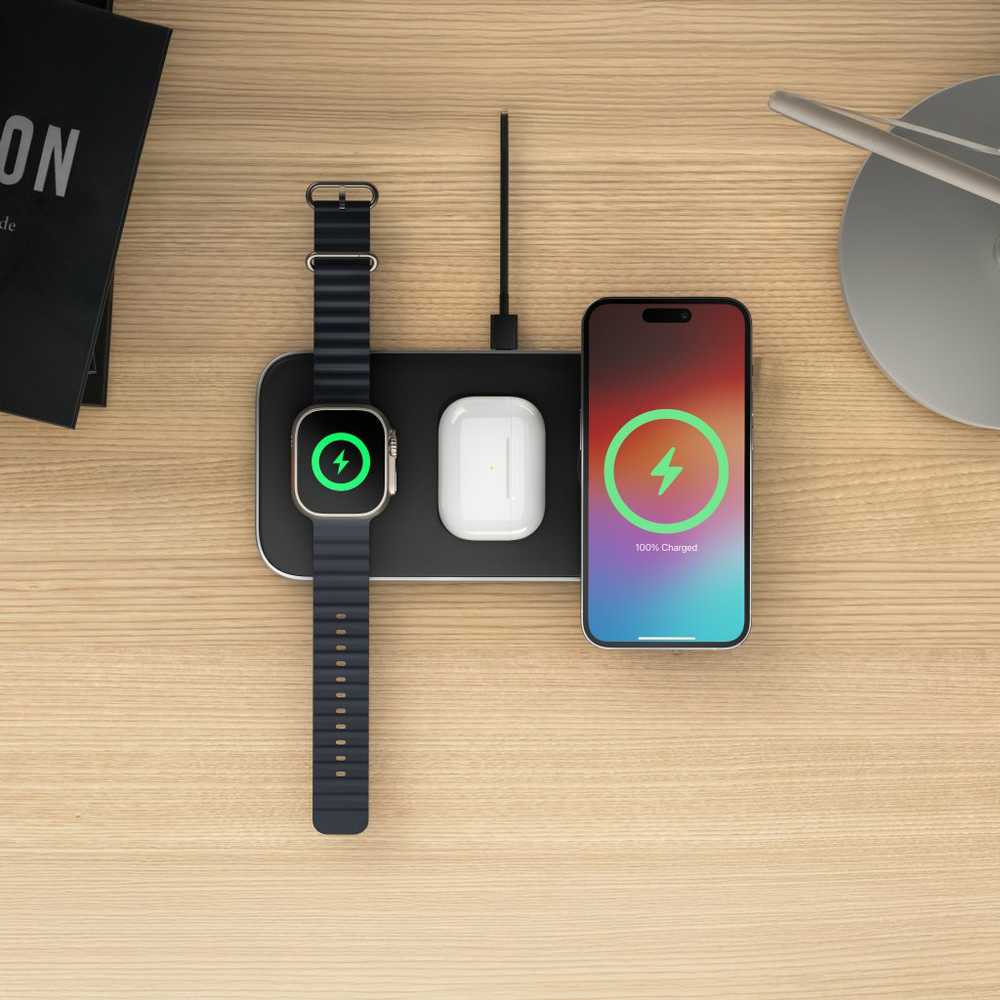SATECHI Qi2 Trio Wireless Charging Pad - su A,C,G tipo kištukais