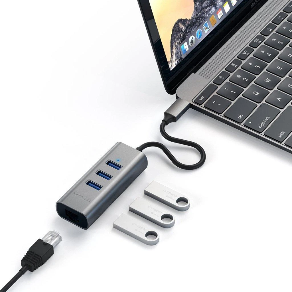 SATECHI Type-C 2-in-1 USB 3.0 aliuminio 3 prievadų šakotuvas ir Ethernet prievado erdvė pilka