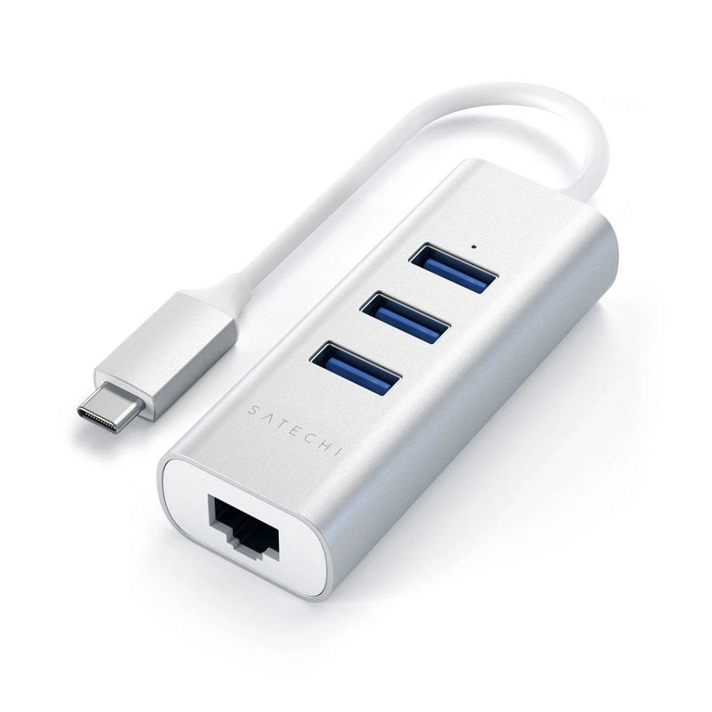 SATECHI Type-C 2-in-1 USB 3.0 aliuminio 3 prievadų šakotuvas ir Ethernet prievado erdvė pilka