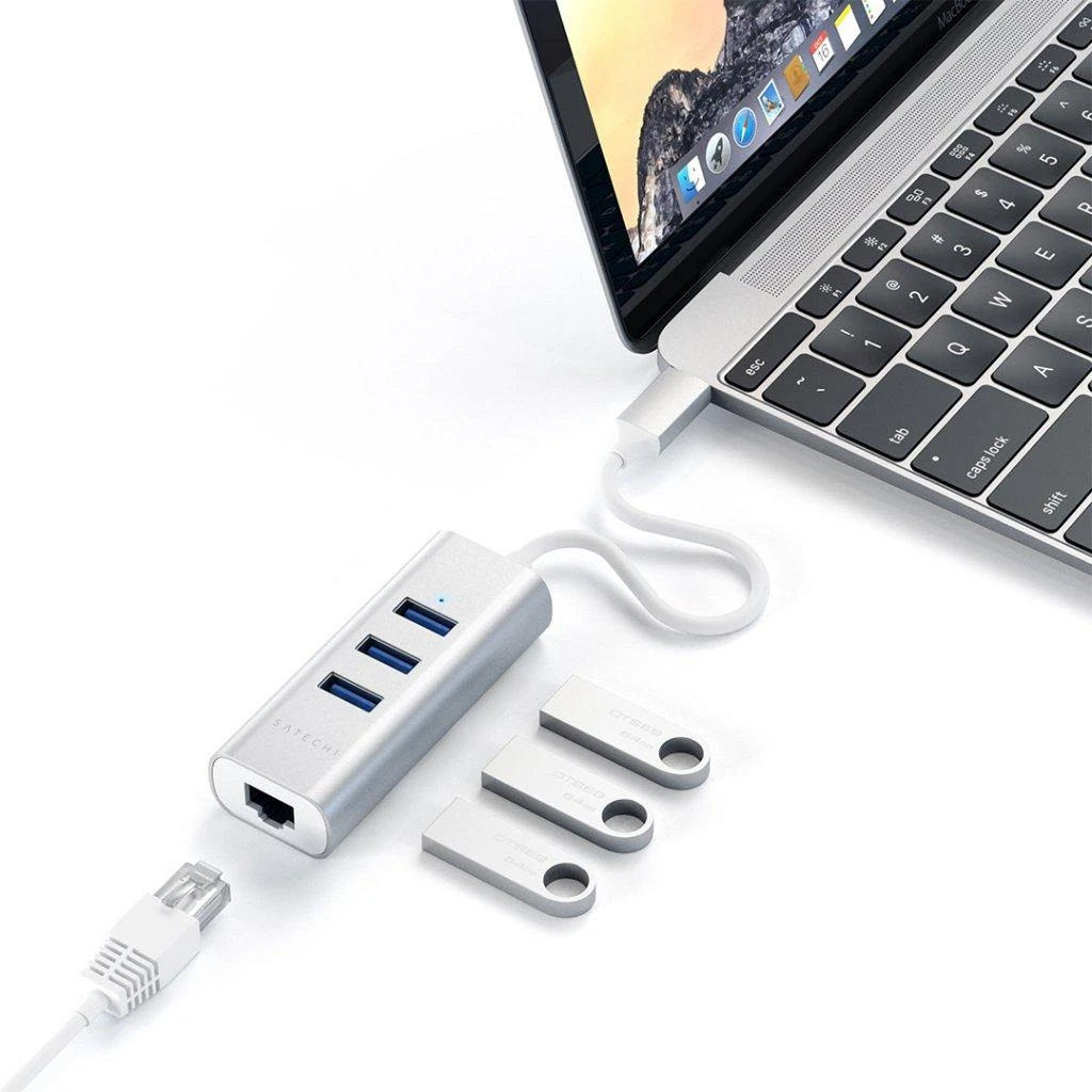 SATECHI Type-C 2-in-1 USB 3.0 aliuminio 3 prievadų šakotuvas ir Ethernet prievado erdvė pilka