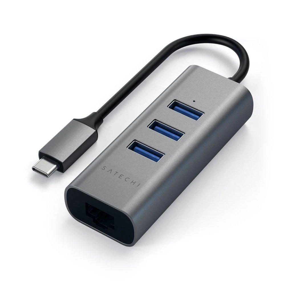 SATECHI Type-C 2-in-1 USB 3.0 aliuminio 3 prievadų šakotuvas ir Ethernet prievado erdvė pilka