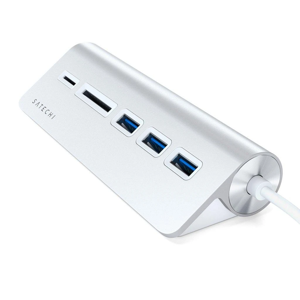 SATECHI Type-C aliuminio USB 3.0 šakotuvas ir kortelių skaitytuvo vieta pilka