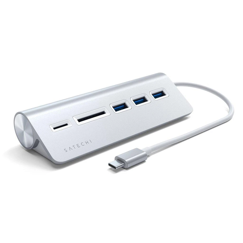 SATECHI Type-C aliuminio USB 3.0 šakotuvas ir kortelių skaitytuvo vieta pilka