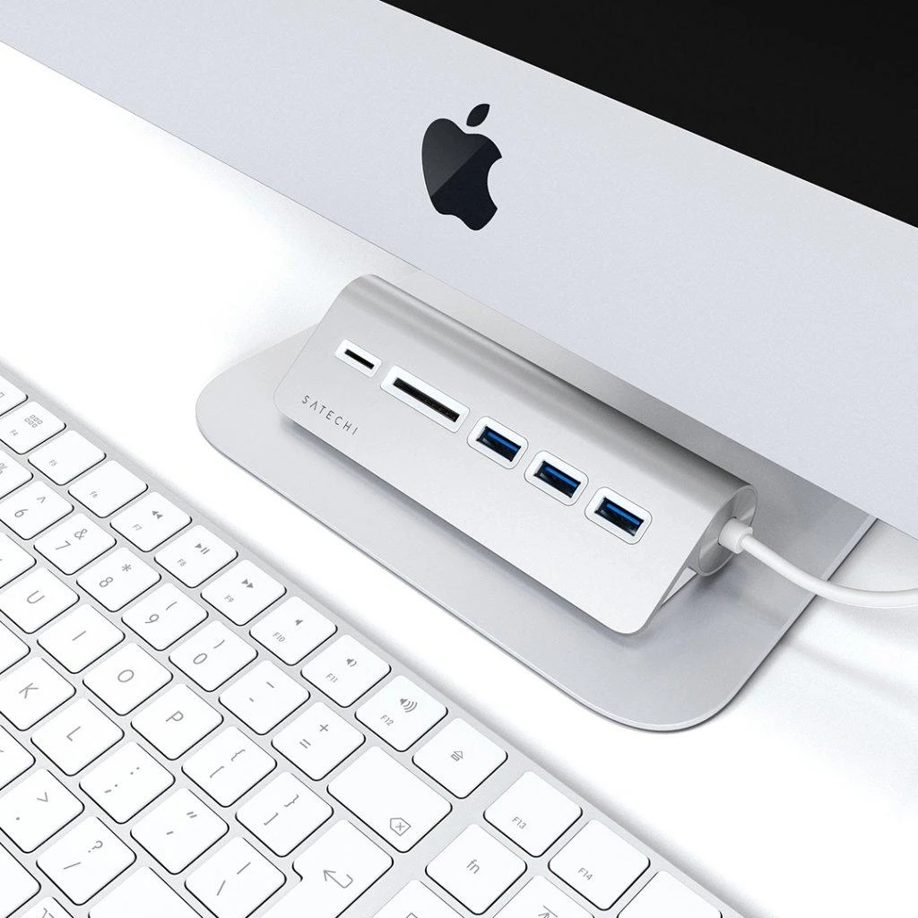 SATECHI Type-C aliuminio USB 3.0 šakotuvas ir kortelių skaitytuvo vieta pilka