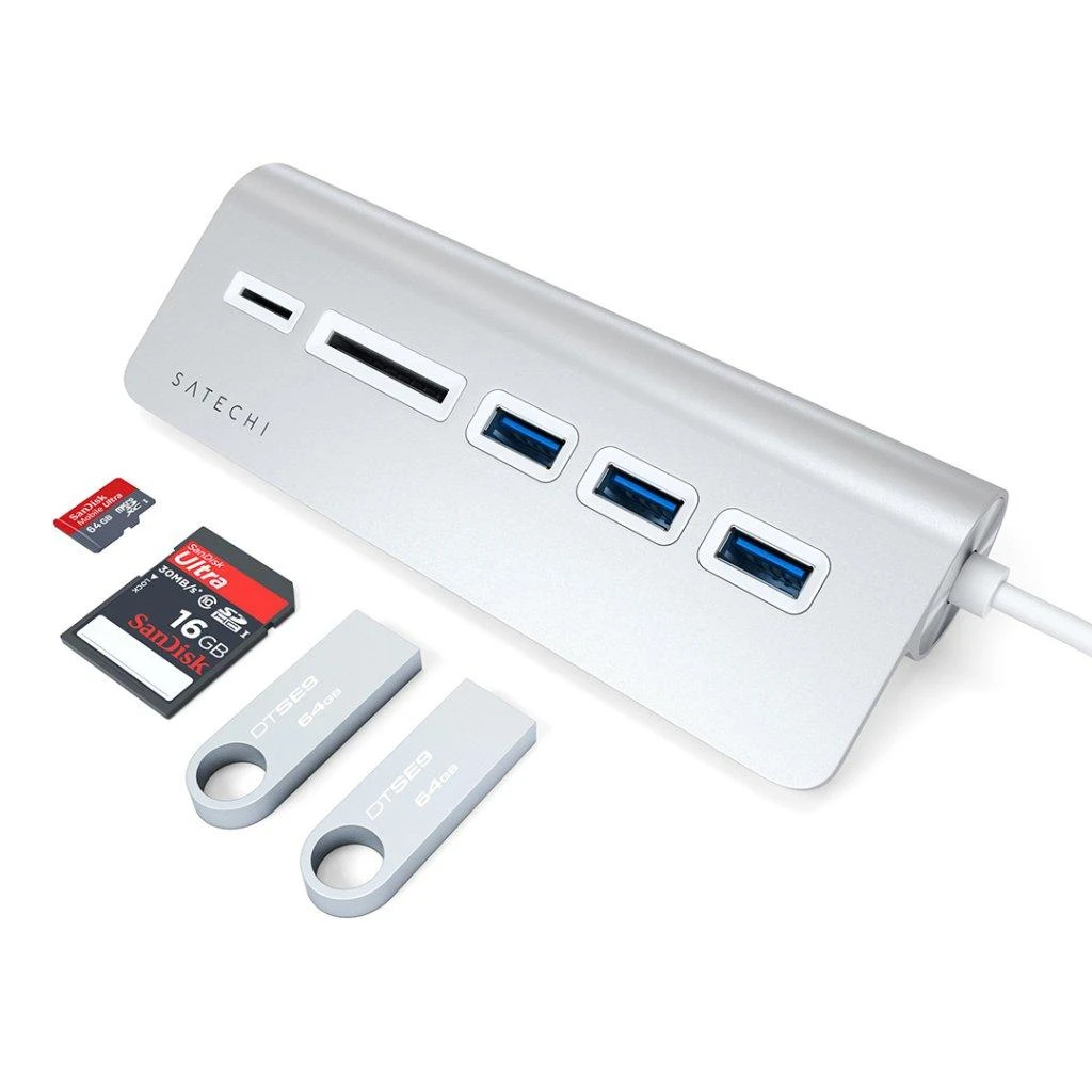 SATECHI Type-C aliuminio USB 3.0 šakotuvas ir kortelių skaitytuvo vieta pilka