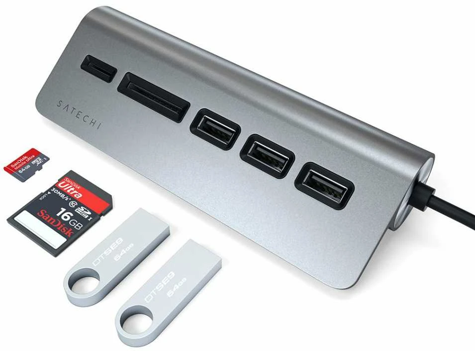 SATECHI Type-C aliuminio USB 3.0 šakotuvas ir kortelių skaitytuvo vieta pilka