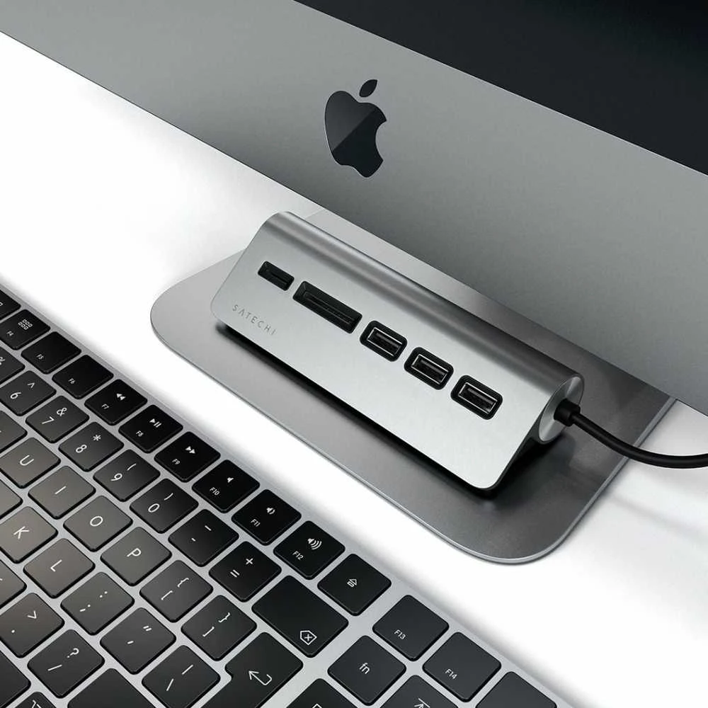 SATECHI Type-C aliuminio USB 3.0 šakotuvas ir kortelių skaitytuvo vieta pilka